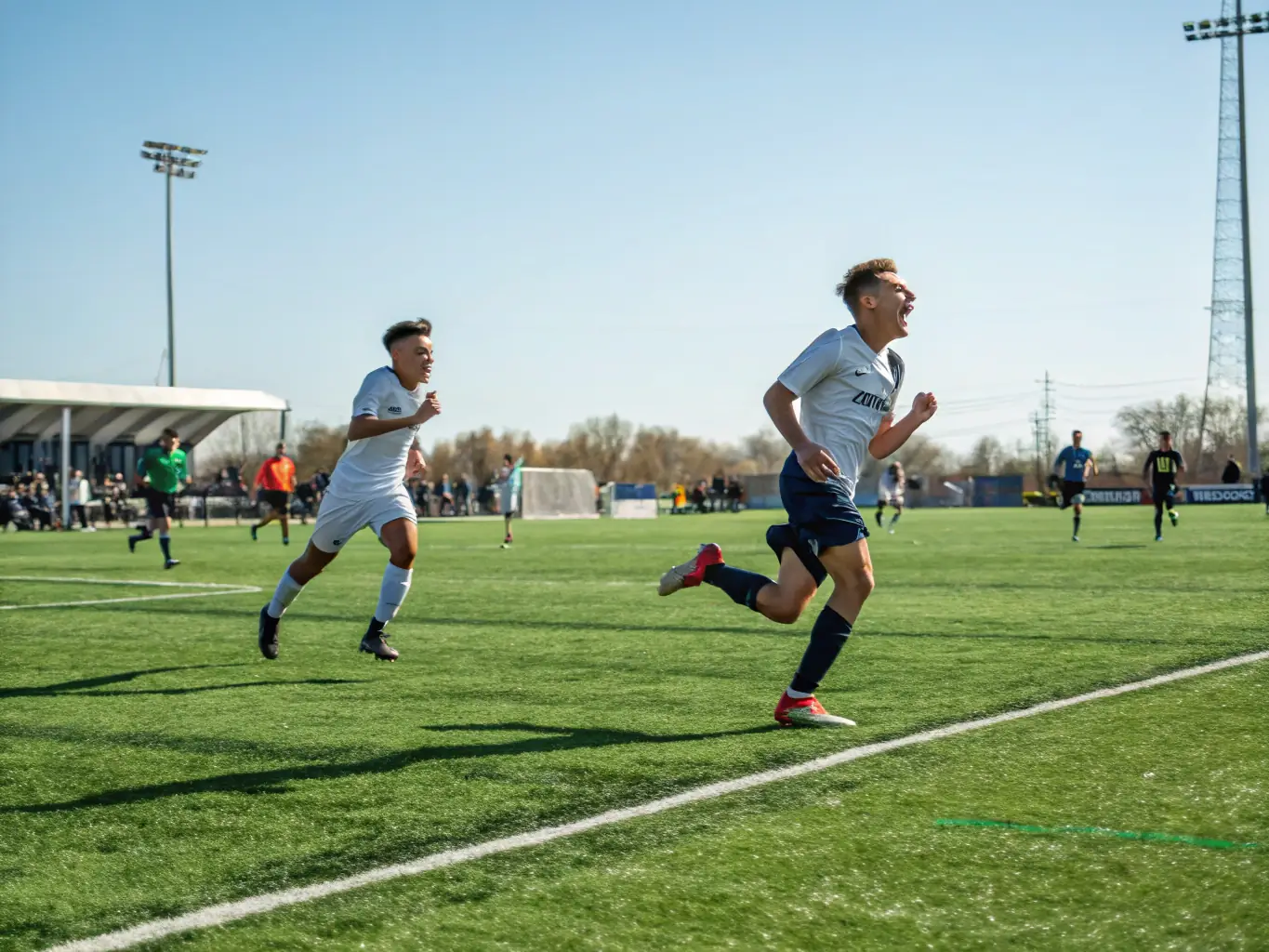 A vibrant image of community members participating in a soccer game at a local park, showcasing teamwork and active engagement.