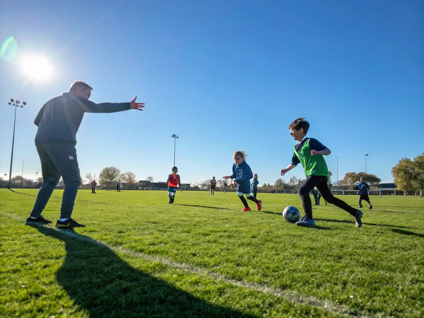 A lively image of community members playing soccer in the local park, showcasing active participation and teamwork.