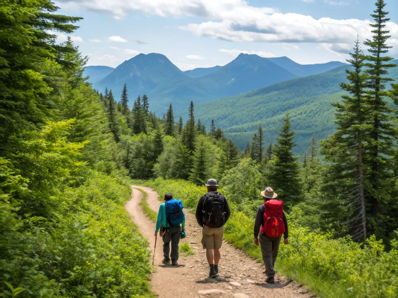An image of a group of people hiking in a scenic natural setting, emphasizing outdoor engagement and environmental stewardship.