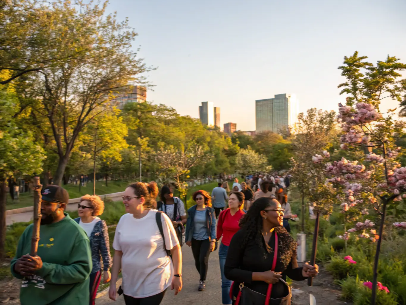 A scenic photo of community members enjoying a nature walk in a local park.